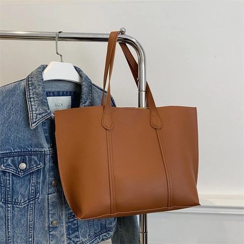 Women Large Capacity Tote Bag Polyester Contrast Color Vintage Minimalist Commute Shoulder Bag Simple Splicing Handbag