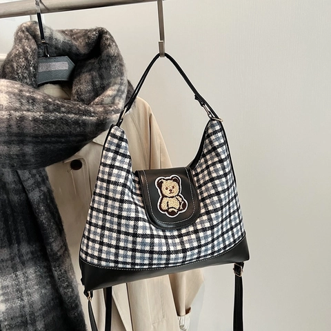 Women Retro Plaid Canvas Synthetic Leather Backpack Casual Large Capacity Tote Bag With Cute Bear Patch Crossbody Handbag