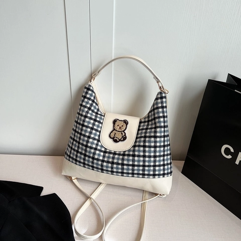 Women Retro Plaid Canvas Synthetic Leather Backpack Casual Large Capacity Tote Bag With Cute Bear Patch Crossbody Handbag