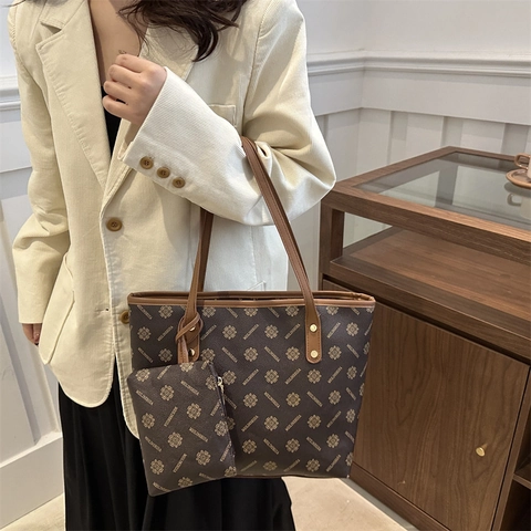Borsa Tote da Donna con Monogramma Moda Pelle Sintetica Grande Capacità Borsa a Tracolla con Astuccio Retro Elegante Pendolare