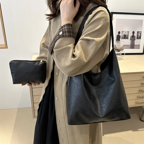 Conjunto de Bolso Tote de Cuero Sintético PU de Gran Capacidad Bolso de Hombro Minimalista Urbano Vintage Color Sólido Casual Mujer