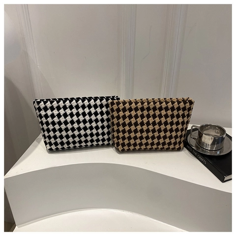 Pochette a Scacchiera Pied de Poule da Donna in Tela con Cerniera Portamonete Minimalista Plaid Organizer per Trucco Piccola Borsa a Mano