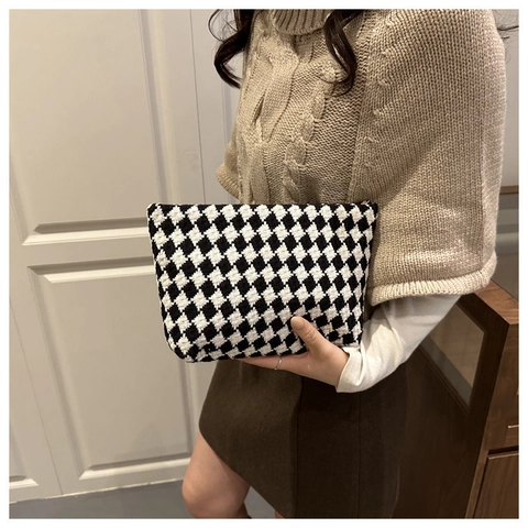 Pochette a Scacchiera Pied de Poule da Donna in Tela con Cerniera Portamonete Minimalista Plaid Organizer per Trucco Piccola Borsa a Mano