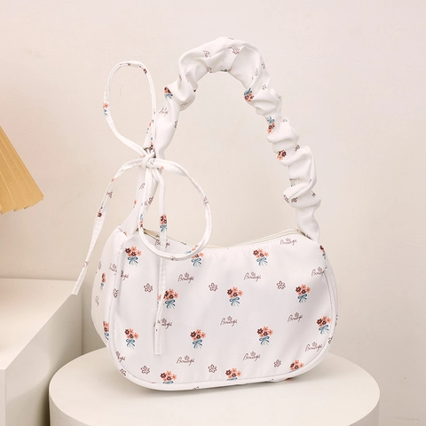 Borsa Sottobraccio in Nylon Stampata a Fiori Freschi Dolce da Donna Borsa a Spalla Arricciata Con Fiocco Borsa a Mezzaluna