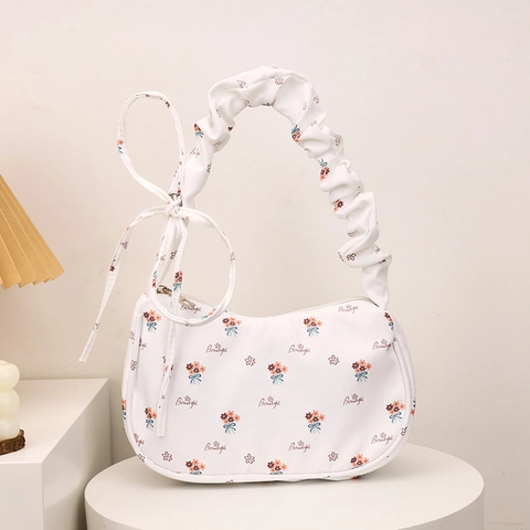 Borsa Sottobraccio in Nylon Stampata a Fiori Freschi Dolce da Donna Borsa a Spalla Arricciata Con Fiocco Borsa a Mezzaluna