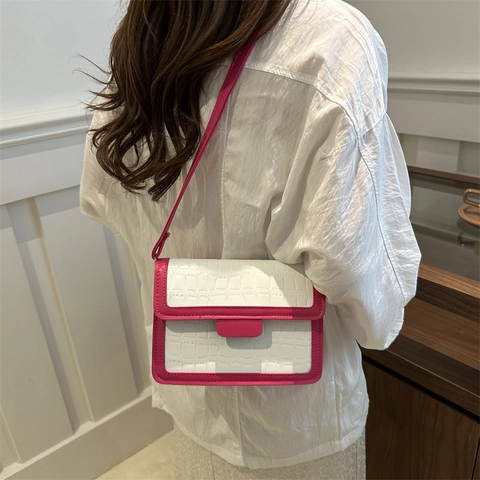 Sac Bandoulière Mode pour Femmes Motif de Pierre Couleur Contrastée Cuir Synthétique Petit Sac Carré à Épaule pour Navette