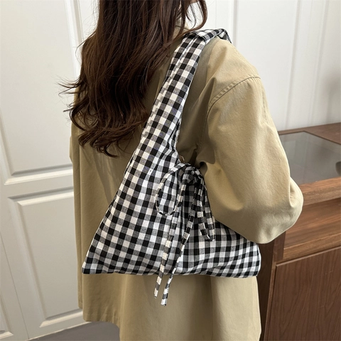 Bolso de Hombro a Cuadros para Mujer Con Lazo Grande Tote de Cuero Sintético Estilo Coreano Bolso de Compras