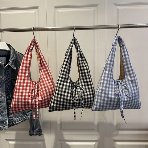 Bolso de Hombro a Cuadros para Mujer Con Lazo Grande Tote de Cuero Sintético Estilo Coreano Bolso de Compras