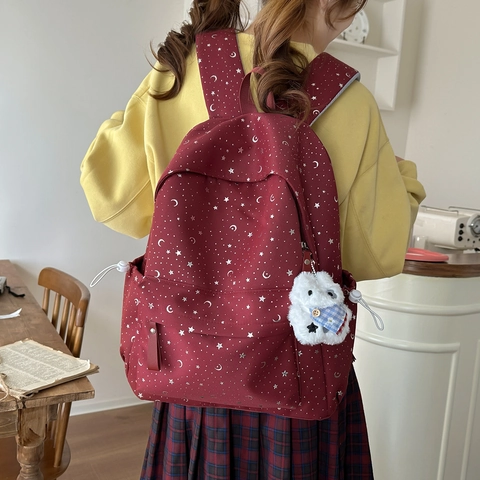 Nylon Ster Maan Print Rugzak Voor Meisjes Studenten Grote Capaciteit Casual Daypack Met Schattige Beer Pluche Hanger Schooltas
