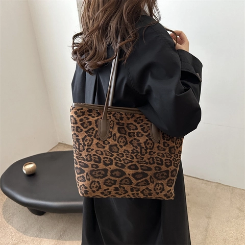 Borsa Tote Leopardata da Donna a Grande Capacità Stile Urbano Vintage Borsa a Tracolla in Tessuto per Pendolarismo Quotidiano Ufficio Viaggio