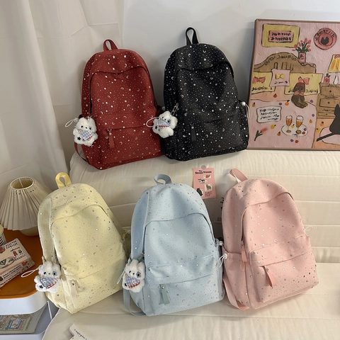 Nylon Ster Maan Print Rugzak Voor Meisjes Studenten Grote Capaciteit Casual Daypack Met Schattige Beer Pluche Hanger Schooltas