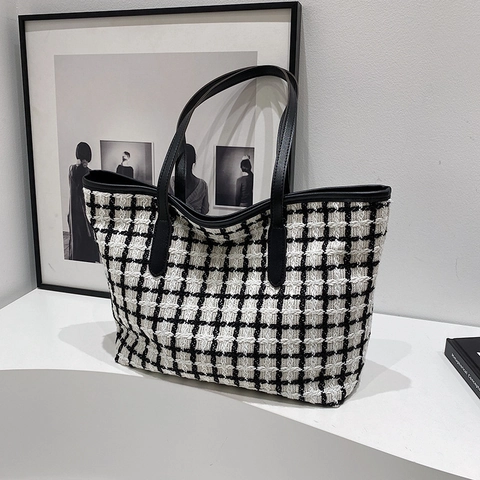 Women Large Capacity Plaid Suede Tote Bag Urban Simple Grid Pattern Polyester Shoulder Handbag Daily Commuting Fashion Purse