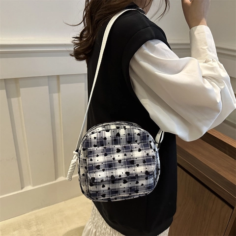 Bolso Bandolera Lona Cuadros Vintage Estampado Corazón Mujer Bolso Cuadrado Pequeño Estilo Coreano Con Bolsillo Frontal Cierre