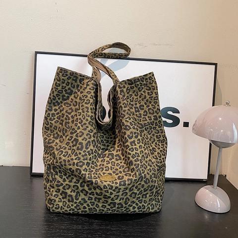 Women Large Capacity Canvas Tote Bag Leopard Print Vintage Casual Shoulder Bag Retro Designer Handbag School Shopping Bag