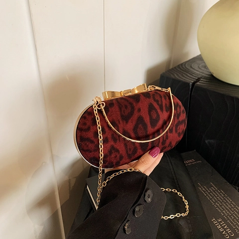Women Vintage Leopard Print Evening Bag Velvet Clutch Bag With Golden Bow Buckle Chain Shoulder Bag Crossbody Handbag