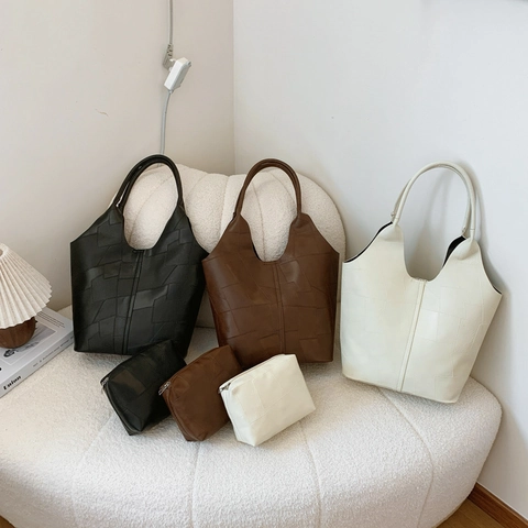 Ensemble Sac Fourre-Tout en Suède Patchwork Géométrique Femmes Grande Capacité Vintage Minimaliste Mode Sac À Main Avec Pochette