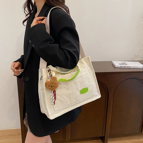 Corduroy Large Capacity Tote Bag For Women Retro Contrast Color Shoulder Bag Magnetic Buckle Casual Office Handbag