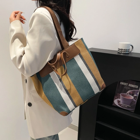 Bolso Tote de Lona a Rayas de Gran Capacidad para Mujer Bolso de Hombro Vintage Con Ribete de Cuero Casual