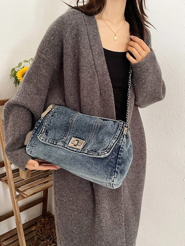 Retro Gewaschener Denim Schultertasche Große Kapazität Tote Metall Kette Schloss Verschluss Lässig Urban Damen Handtasche