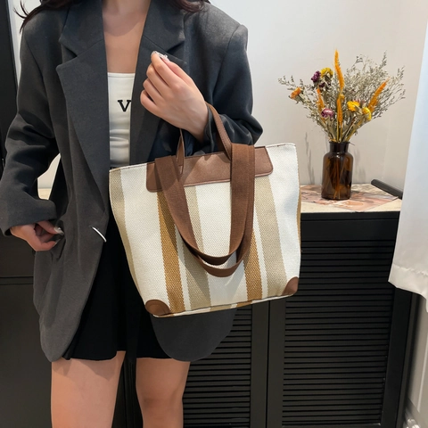 Bolso Tote de Lona a Rayas de Gran Capacidad para Mujer Bolso de Hombro Vintage Con Ribete de Cuero Casual