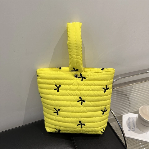 Women Fashion Quilted Handbag With Bow Embroidery Soft Padded Bucket Bag Lightweight Nylon Portable Small Tote For Daily Shopping