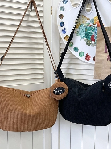 Women Retro Corduroy Shoulder Bag Large Capacity Crescent Hobo Bag With Coin Purse Casual Fashion Solid Color Crossbody Bag
