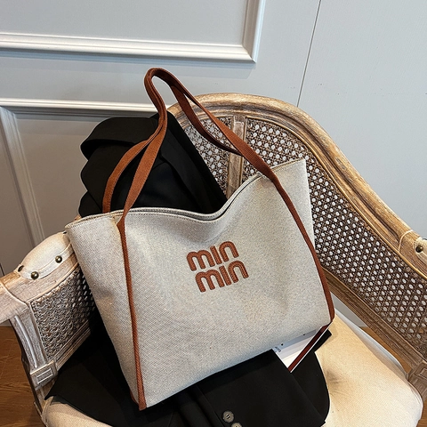 Bolso Tote de Lona de Gran Capacidad para Mujer Minimalista Bordado Color de Contraste Diario Viaje Bolso de Hombro Moda