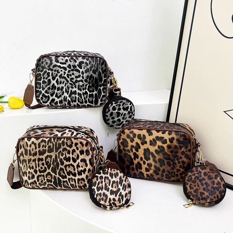 Fashion Leopard Print Crossbody Bag For Women With Mini Round Coin Purse Adjustable Wide Strap Synthetic Leather Camera Bag