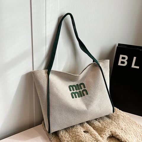 Bolso Tote de Lona de Gran Capacidad para Mujer Minimalista Bordado Color de Contraste Diario Viaje Bolso de Hombro Moda
