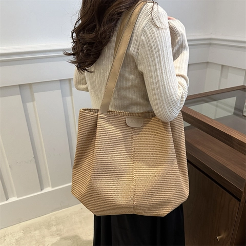 Women Large Capacity Woven Tote Bag Synthetic Leather Strap Solid Color Casual Shoulder Bag Urban Minimalist Handbag