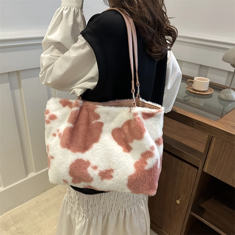 Borsa Tote Peluche a Stampa Muccata Donna Grande Capacità Borsa a Spalla in Pelliccia Sintetica Con Manico in Pelle PU
