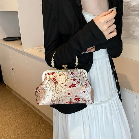 Borsa a Tracolla in Raso Ricamato in Stile Cinese Vintage per Donna Elegante Pochette da Sera Jacquard con Manico in Metallo