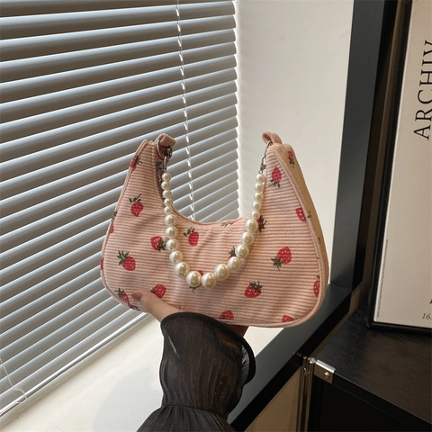 Bolso de Axila de Lona con Estampado de Fresa para Mujer con Asa de Perla Artificial Estilo Coreano Bolso de Hombro Casual