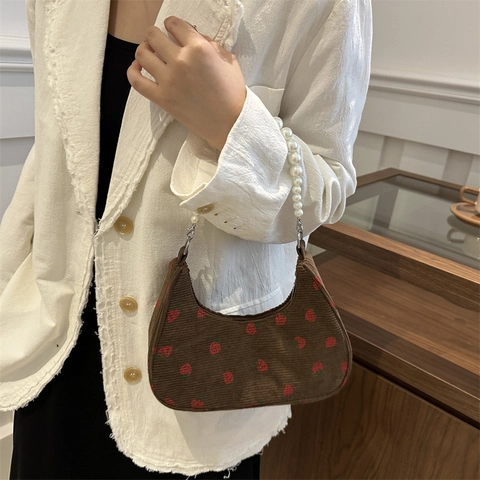 Bolso de Axila de Lona con Estampado de Fresa para Mujer con Asa de Perla Artificial Estilo Coreano Bolso de Hombro Casual