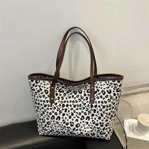Women Leopard Print Canvas Tote Bag Large Capacity Shoulder Bag With Brown Handles Gold Rivets For School Commute Work