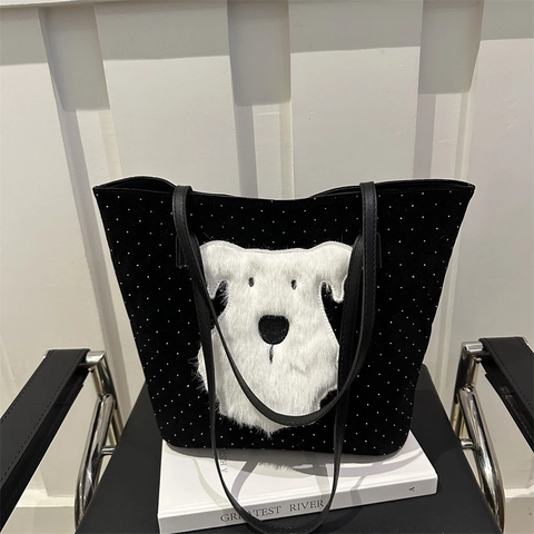 Dog Patch Plaid Woolen Tote Bag For Women Large Capacity Shoulder Bag Vintage Check Pattern Handbag Casual Commute