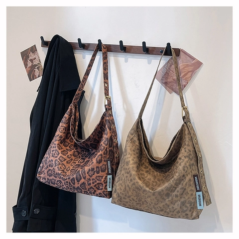 Vintage Leopard Muster Große Kapazität Tote Tasche Für Damen Retro Wildlederimitat Schultertasche Verstellbarer Riemen Hobo Handtasche