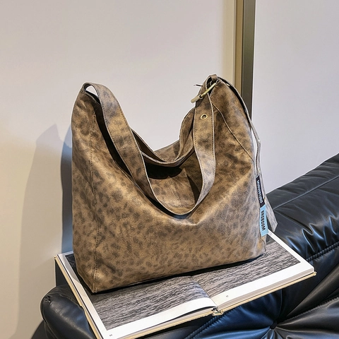 Vintage Leopard Muster Große Kapazität Tote Tasche Für Damen Retro Wildlederimitat Schultertasche Verstellbarer Riemen Hobo Handtasche