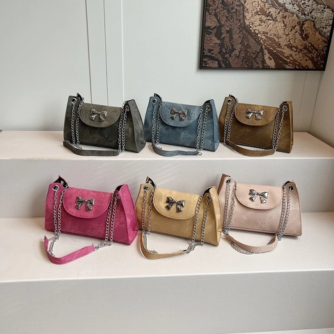 Vintage Fashion PU Leather Tote Bag For Women Large Capacity Shoulder Bag With Bow Decoration Chain Crossbody Handbag