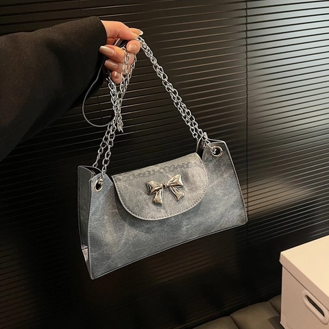 Vintage Fashion PU Leather Tote Bag For Women Large Capacity Shoulder Bag With Bow Decoration Chain Crossbody Handbag