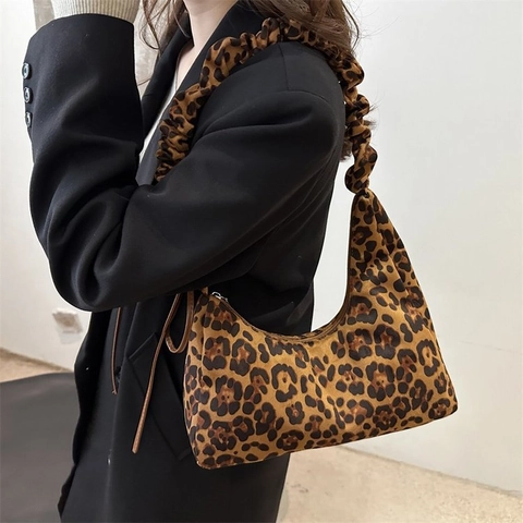 Vintage Leopardenmuster Damen Schultertasche Große Kapazität Kunstleder Hobo Tote Tasche Geraffter Riemen Herbst Mode Tasche