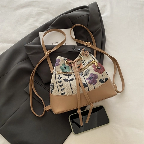 Vintage Floral Jacquard Bucket Bag For Women Large Capacity Canvas Drawstring Shoulder Crossbody Bag Ethnic Style Casual Purse