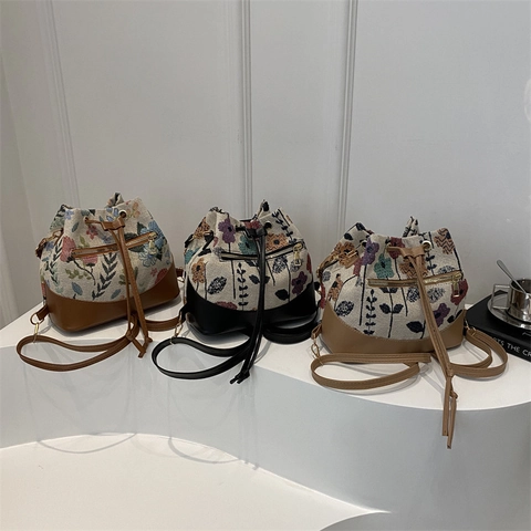 Vintage Floral Jacquard Bucket Bag For Women Large Capacity Canvas Drawstring Shoulder Crossbody Bag Ethnic Style Casual Purse