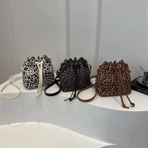 Damen Mode Leopardenmuster Kordelzug Eimertasche Kunstleder Schultertasche Lässig Trendy Umhängetasche Täglich Pendler Handtasche