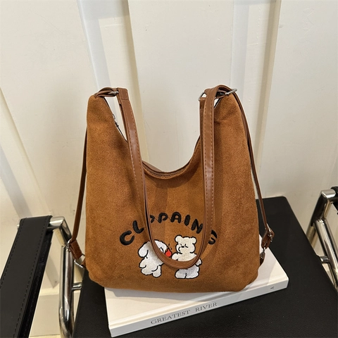 Borsa Tote da Donna in Camoscio Simpatica Borsa a Tracolla Ricamata con Cani e Orsi Cartoon Grande Capacità Casual Urbana Semplice
