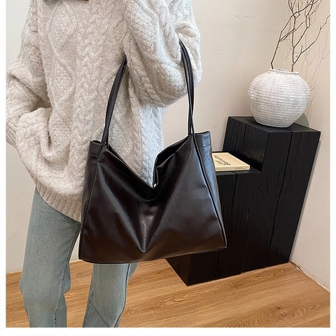 Bolso Tote de Cuero PU de Gran Capacidad para Mujer Minimalista Color Sólido Bolso de Hombro de Commute Con Cierre Magnético