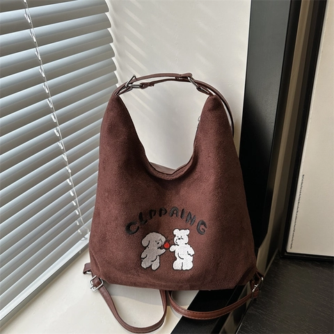 Borsa Tote da Donna in Camoscio Simpatica Borsa a Tracolla Ricamata con Cani e Orsi Cartoon Grande Capacità Casual Urbana Semplice