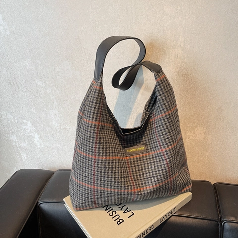 Grote Capaciteit Hahnentritt Geruite Tote Bag Voor Vrouwen Vintage Wollen Stof Schoudertas Mode Woon-werkverkeer Tas