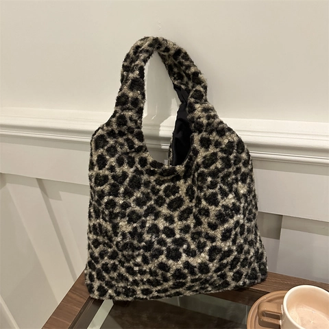 Plüsch Tragetasche Mit Leopardenmuster Große Kapazität Weiche Kunstfell Umhängetasche Für Damen Vintage Herbst Winter Mode