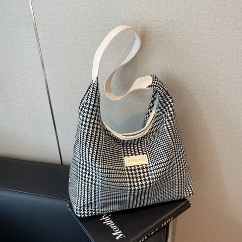 Grote Capaciteit Hahnentritt Geruite Tote Bag Voor Vrouwen Vintage Wollen Stof Schoudertas Mode Woon-werkverkeer Tas